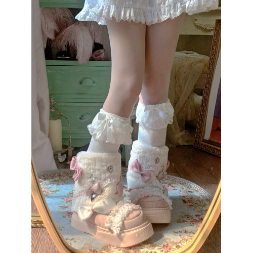 pinkyo原創蝴蝶結仿兔毛厚底靴日系可愛甜美冬季加絨保暖雪地靴女