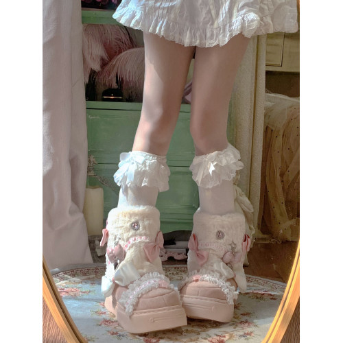 pinkyo原創蝴蝶結仿兔毛厚底靴日系可愛甜美冬季加絨保暖雪地靴女