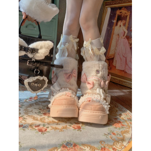 pinkyo原創蝴蝶結仿兔毛厚底靴日系可愛甜美冬季加絨保暖雪地靴女