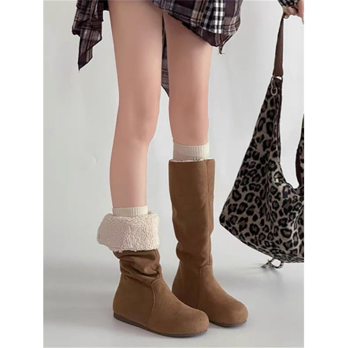 小個子內增高真皮長筒靴女2025冬季新款加絨兩穿顯瘦堆堆雪地靴