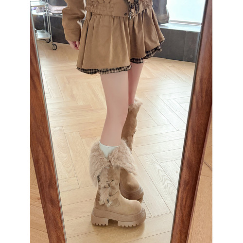 厚底兩穿毛毛雪地靴女2025冬季顯瘦東北靴子高筒加絨不過膝長筒靴