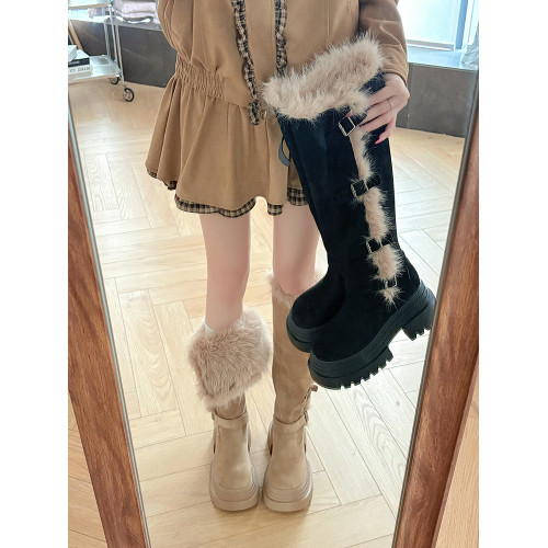 厚底兩穿毛毛雪地靴女2025冬季顯瘦東北靴子高筒加絨不過膝長筒靴