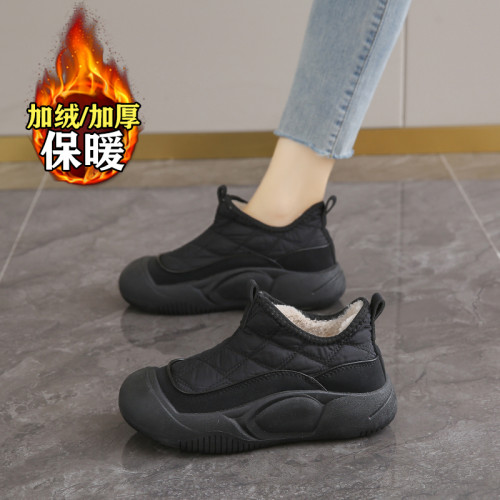 老北京棉鞋女冬季保暖黑色防滑工作鞋一腳蹬防滑媽媽鞋加絨運動鞋