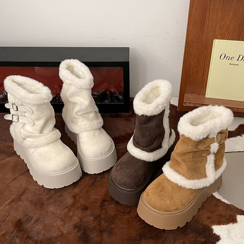 白色厚底增高加絨加厚雪地靴女款2025新款冬季保暖東北毛毛棉鞋子 白色厚底增高加絨加厚雪地靴女款2025新款冬季保暖東北毛毛棉鞋子