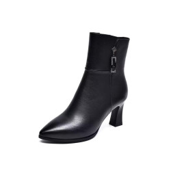 真皮短靴女2025秋冬加絨新款時尚百搭高跟中筒靴女式皮鞋馬丁靴子