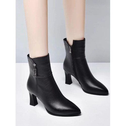 真皮短靴女2025秋冬加絨新款時尚百搭高跟中筒靴女式皮鞋馬丁靴子