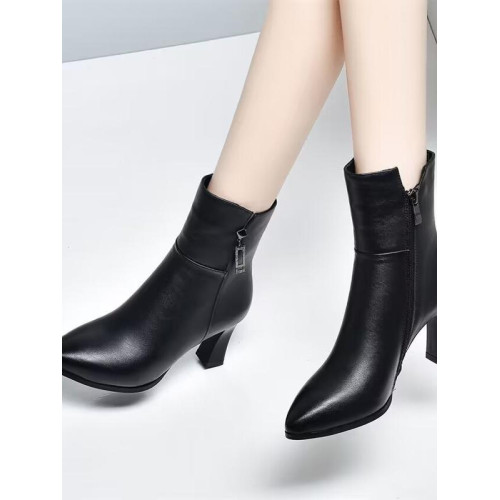 真皮短靴女2025秋冬加絨新款時尚百搭高跟中筒靴女式皮鞋馬丁靴子