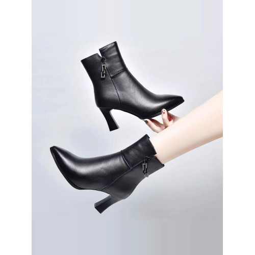 真皮短靴女2025秋冬加絨新款時尚百搭高跟中筒靴女式皮鞋馬丁靴子