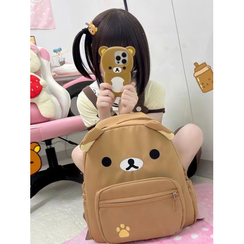 輕松熊書包新款日系可愛帆布棕色奶白小熊大容量百搭學生軟妹雙肩