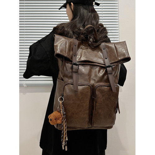 高級感PU皮雙肩包男新款潮牌大容量旅行後後背包休閒學生書包電腦包女