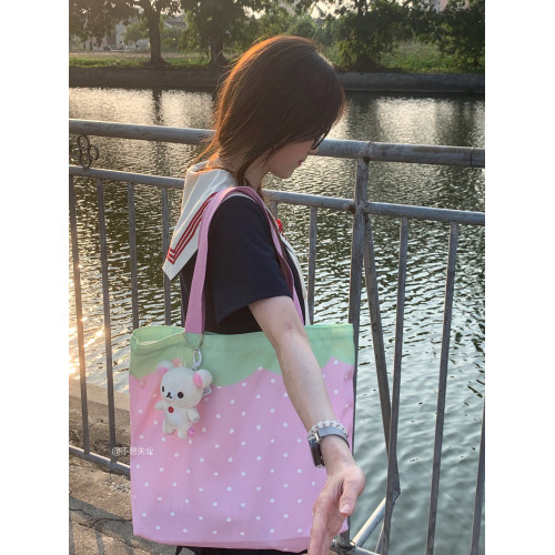 不想失業原創草莓單肩包可愛日系百搭通勤包包大容量慵懶風帆布包