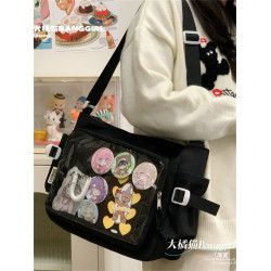 大橘貓學院風百搭簡約大容量郵差包女透明吧唧單肩包斜背娃包痛包