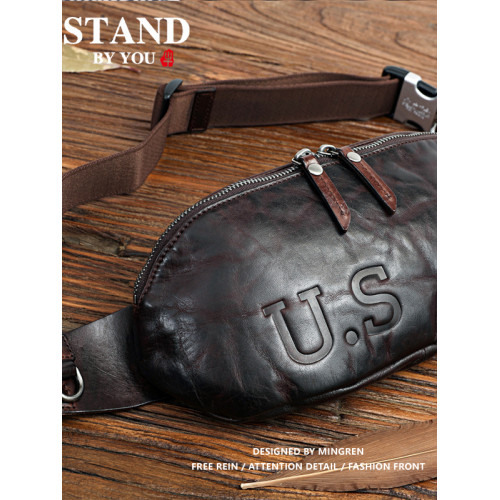 復古高檔植鞣頭層牛皮男士胸包真皮水洗做舊單肩包男款腰包百搭1