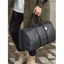 韓版新款男大容量短途旅遊出差行李袋潮流格子手提包單肩包健身包