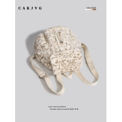 CAKJVG原創冬季可愛女生豹紋羊羔毛絨包包後後背包2025新款百搭雙肩包