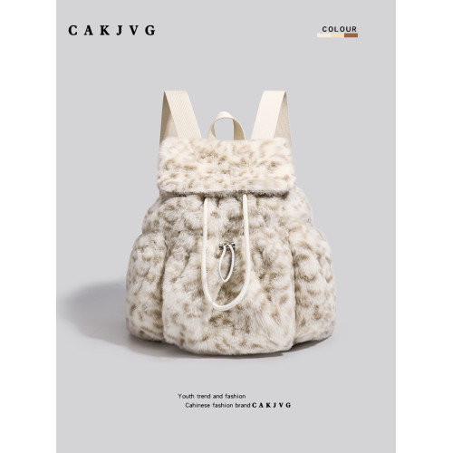 CAKJVG原創冬季可愛女生豹紋羊羔毛絨包包後後背包2025新款百搭雙肩包