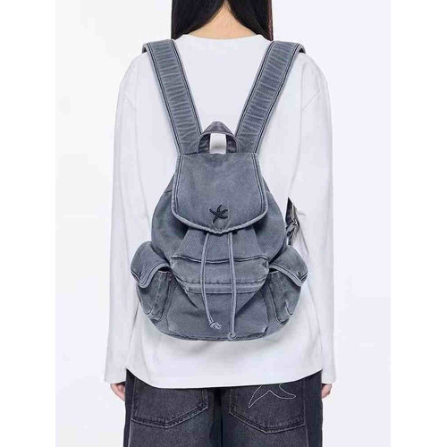 TYGA 韓國水洗做舊牛仔雙肩包海星多口袋休閒後後背包大容量學生書包