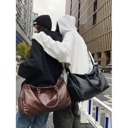 健身包男士復古PU單肩斜後後背包手提旅行包大容量短途出差旅遊行李袋