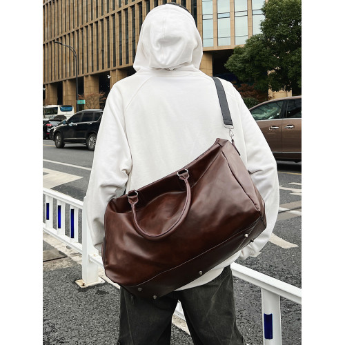 健身包男士復古PU單肩斜後後背包手提旅行包大容量短途出差旅遊行李袋