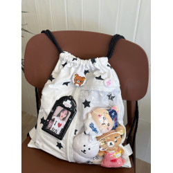 不想失業原創白色星星抽繩痛包簡約百搭雙肩包大容量小衆追星後後背包