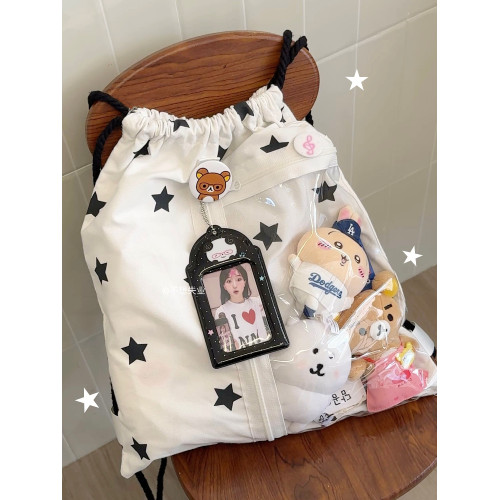 不想失業原創白色星星抽繩痛包簡約百搭雙肩包大容量小衆追星後後背包