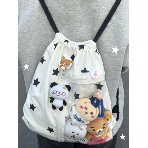 不想失業原創白色星星抽繩痛包簡約百搭雙肩包大容量小衆追星後後背包