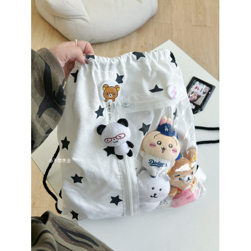 不想失業原創白色星星抽繩痛包簡約百搭雙肩包大容量小衆追星後後背包