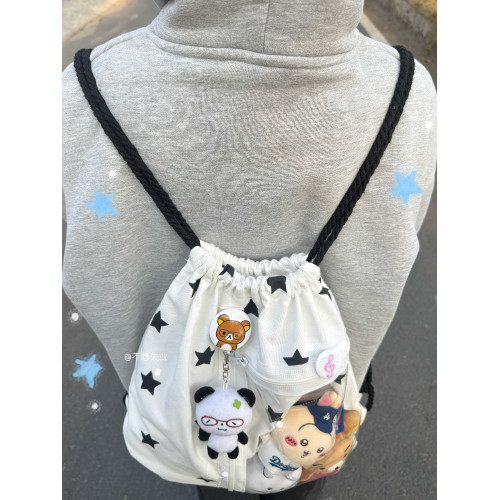 不想失業原創白色星星抽繩痛包簡約百搭雙肩包大容量小衆追星後後背包