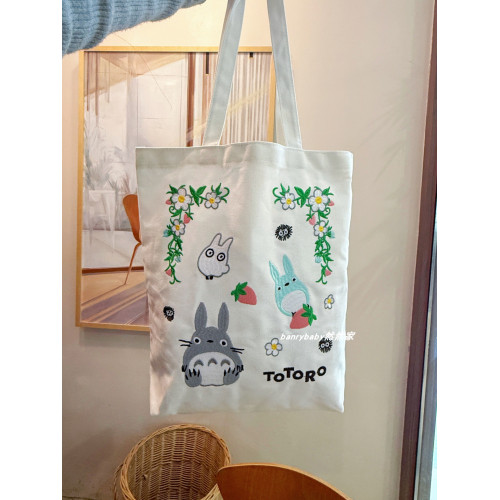 日系卡通龍貓刺綉帆布包大容量學生補習包通勤女單肩包