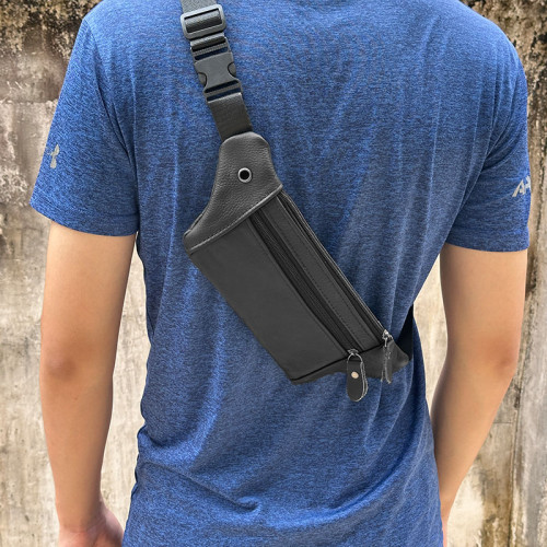 三層真皮牛皮男士手機包休閒可攜式休閒風腰包胸包超薄戶外跑步