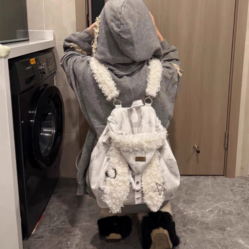 高級感可愛毛絨絨兔耳朵帽子雙肩包2025秋冬新款大容量百搭後後背包女