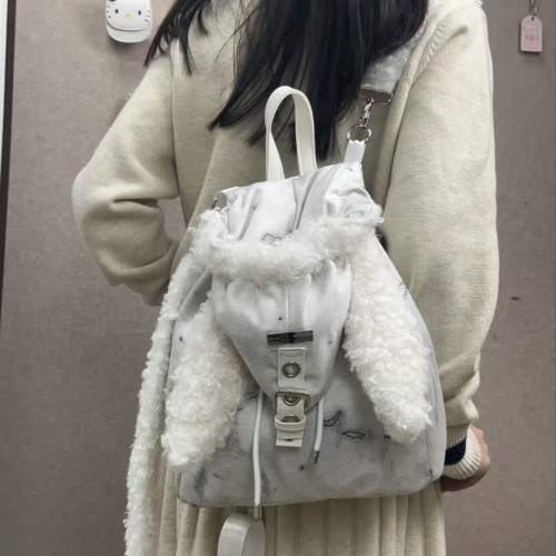 高級感可愛毛絨絨兔耳朵帽子雙肩包2025秋冬新款大容量百搭後後背包女