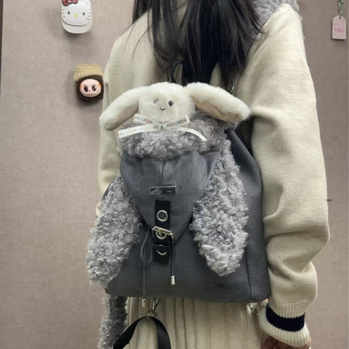 高級感可愛毛絨絨兔耳朵帽子雙肩包2025秋冬新款大容量百搭後後背包女