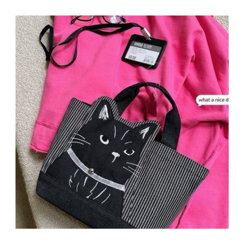 刺綉立體黑貓手提包手拎包飯盒餃子包逛街購物布藝包女