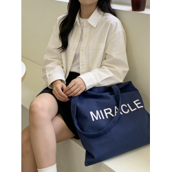 藏藍色字母帆布包女大容量單肩包手提托特包通勤包學生補習裝書包