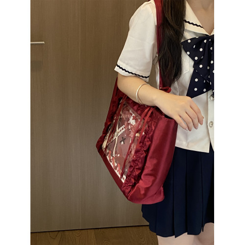 錢一波痛包｜暗紅色花邊緞面痛大容量單肩包托特包大食量華麗吧唧