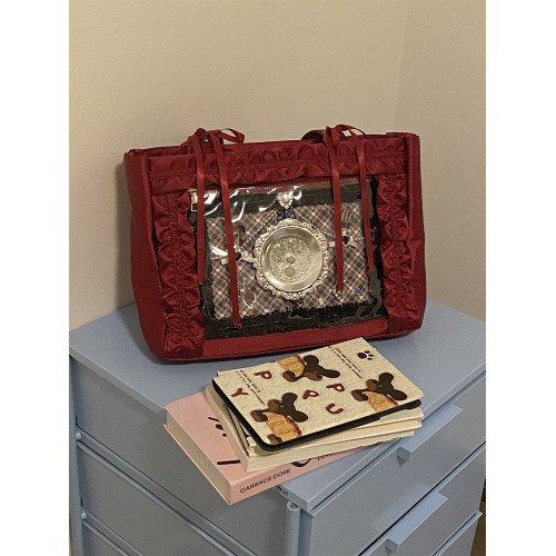 錢一波痛包｜暗紅色花邊緞面痛大容量單肩包托特包大食量華麗吧唧