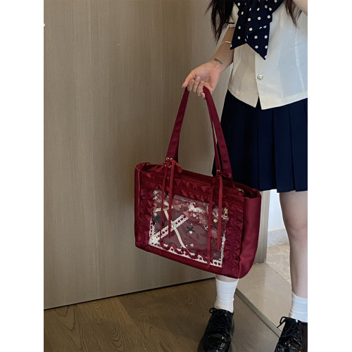 錢一波痛包｜暗紅色花邊緞面痛大容量單肩包托特包大食量華麗吧唧