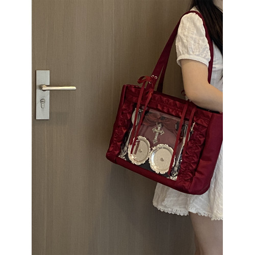 錢一波痛包｜暗紅色花邊緞面痛大容量單肩包托特包大食量華麗吧唧