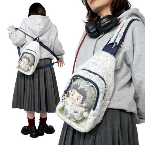 nullbag空形日常兩用毛絨痛包娃包女透明窗口玩偶包小後後背包白色