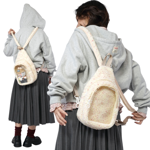 nullbag空形日常兩用毛絨痛包娃包女透明窗口玩偶包小後後背包白色