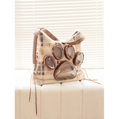 HIATUS原創爪子毛絨雙肩斜背痛包大容量格紋後後背包可愛狗/貓爪子包 HIATUS原創爪子毛絨雙肩斜背痛包大容量格紋後後背包可愛狗/貓爪子包