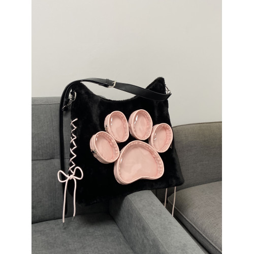 HIATUS原創爪子毛絨雙肩斜背痛包大容量格紋後後背包可愛狗/貓爪子包 HIATUS原創爪子毛絨雙肩斜背痛包大容量格紋後後背包可愛狗/貓爪子包