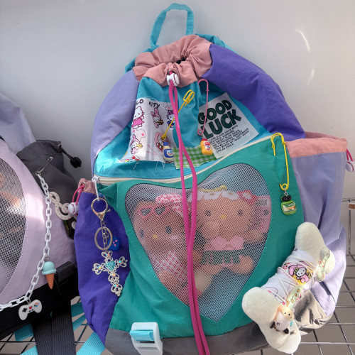 黑櫻醬 日韓復古y2k辣妹甜酷撞色貼布慵懶抽繩百搭休閒痛包雙肩包