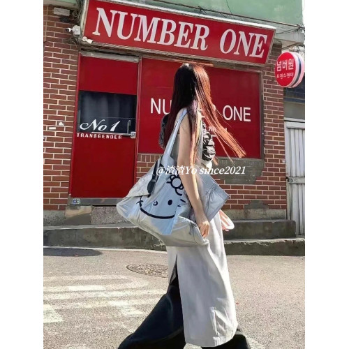 渣渣Yo中古kitty銀色托特包百搭大容量可愛貓頭環保旅行包手袋女
