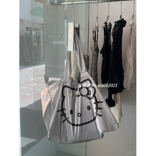 渣渣Yo中古kitty銀色托特包百搭大容量可愛貓頭環保旅行包手袋女