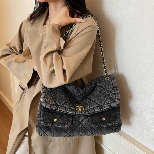 小香風牛仔布菱格鏈條單肩女百搭流浪包2026春季新款小方包歐美風 小香風牛仔布菱格鏈條單肩女百搭流浪包2026春季新款小方包歐美風