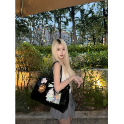 黑色油蠟皮大容量托特包追星女孩演唱會藏相機支架手提包應援包