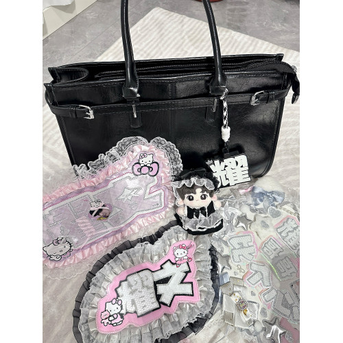 黑色油蠟皮大容量托特包追星女孩演唱會藏相機支架手提包應援包