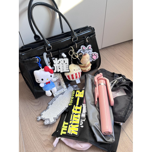 黑色油蠟皮大容量托特包追星女孩演唱會藏相機支架手提包應援包